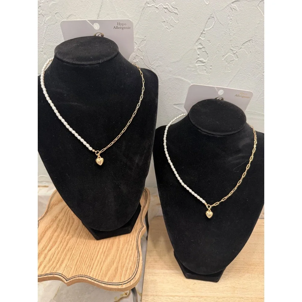 Set of 2 Charming Charlie's Gold Tone Pearl Heart Charm‎ Necklace NEW